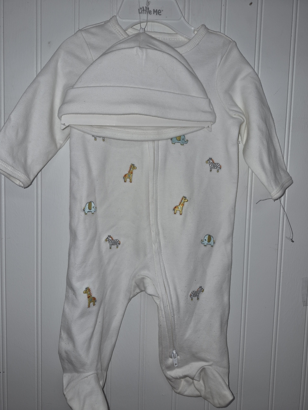 3004- Little Me White Footed One-Piece with Pastel Safari Embroidery and Hat